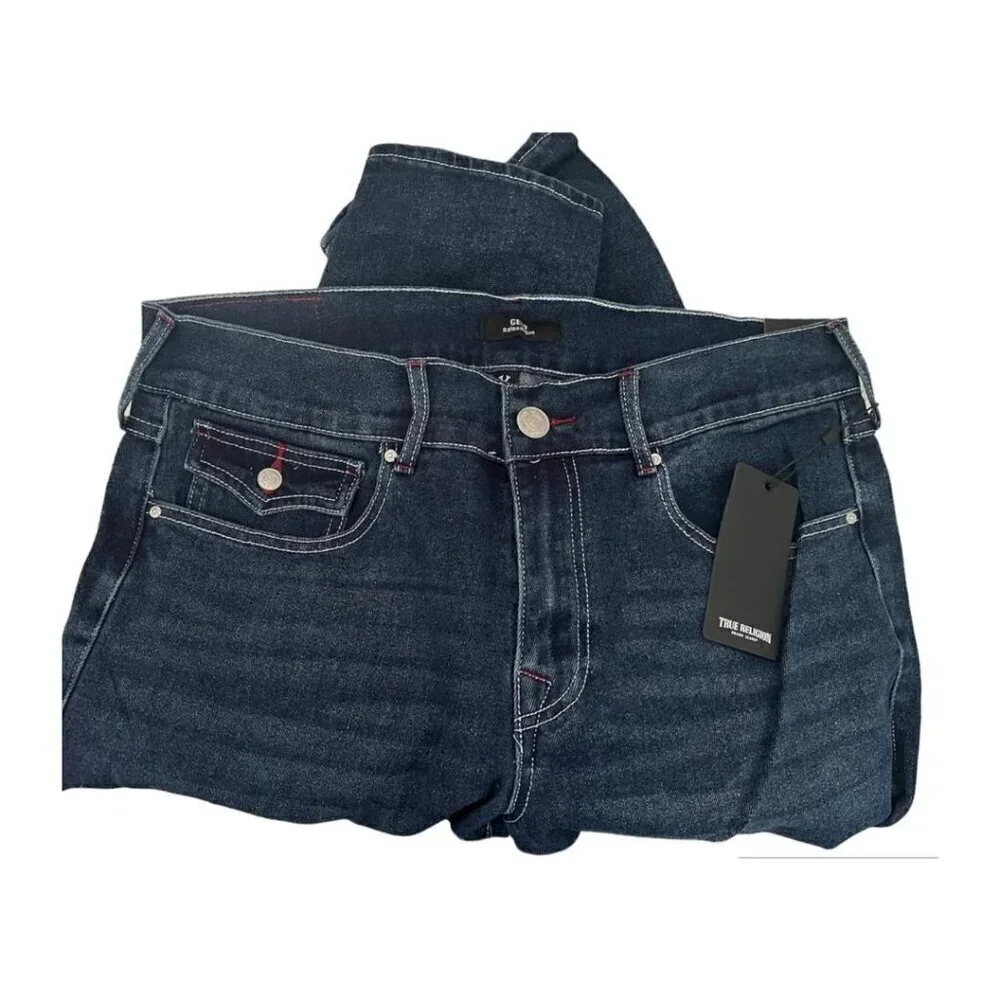 True Religion Mens Dark Wash Geno Flap Pockets Slim Fit Jeans Sz 34 x 32 New